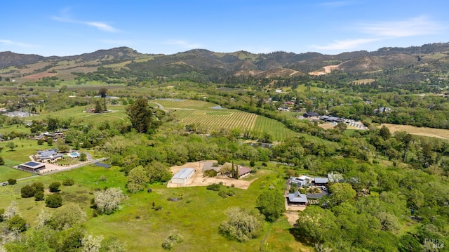 drone / aerial view featuring a mountain view and a rural view