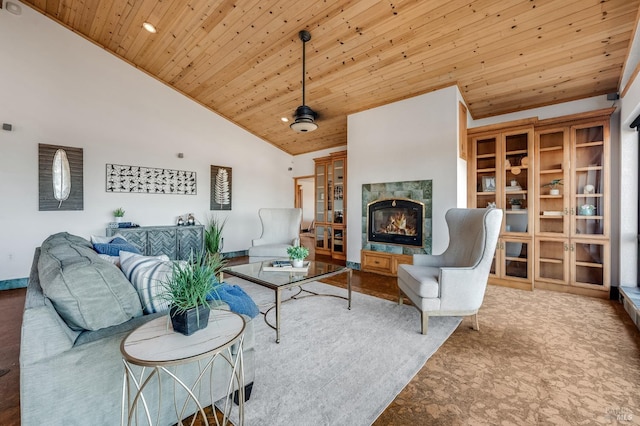 living room with wood ceiling, ceiling fan, and high vaulted ceiling