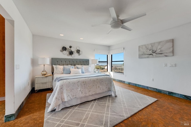 bedroom with baseboards, ceiling fan, and recessed lighting