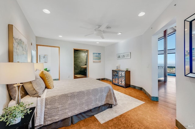 bedroom featuring hardwood / wood-style flooring, ceiling fan, and access to exterior