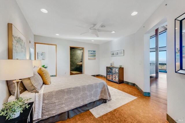 bedroom with baseboards, ceiling fan, and recessed lighting