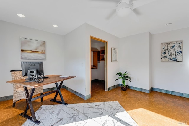 office with baseboards, recessed lighting, and a ceiling fan