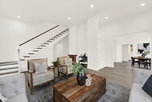 living room with dark hardwood / wood-style flooring