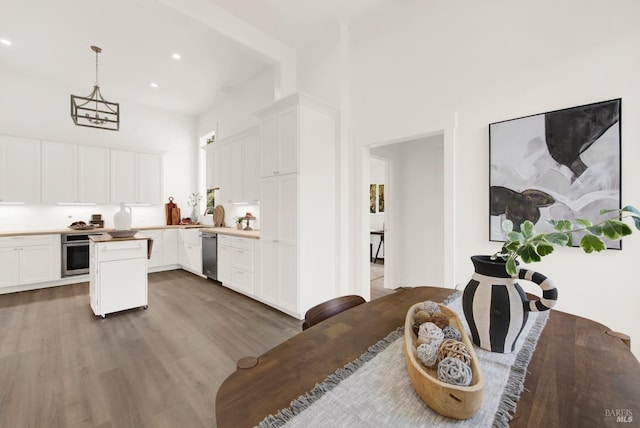 kitchen with pendant lighting, wood counters, white cabinetry, wood-type flooring, and stainless steel appliances