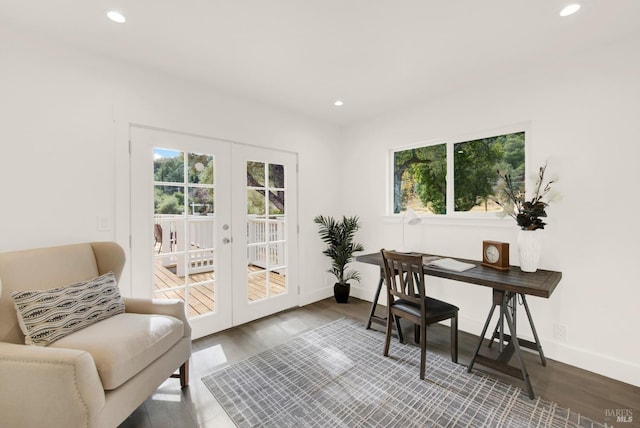 office space featuring french doors and hardwood / wood-style flooring