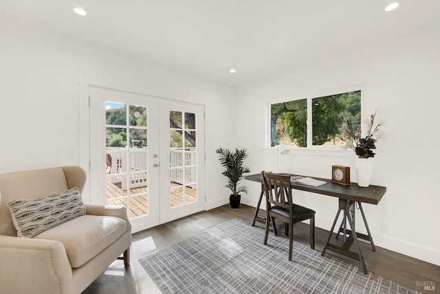 office area with recessed lighting, french doors, baseboards, and wood finished floors