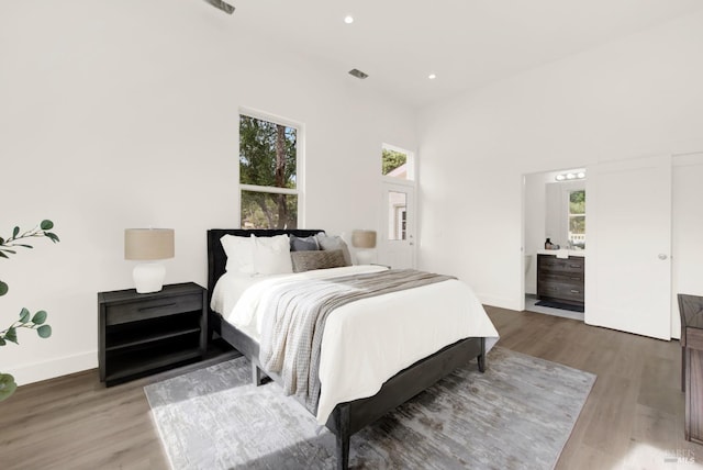 bedroom featuring multiple windows and wood-type flooring