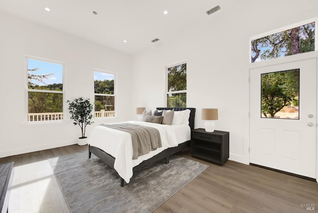 bedroom with dark hardwood / wood-style floors