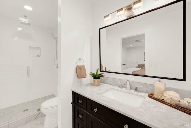 full bath featuring toilet, a shower stall, ensuite bath, vanity, and marble finish floor