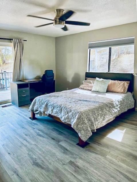 bedroom featuring access to outside, multiple windows, wood-type flooring, and ceiling fan