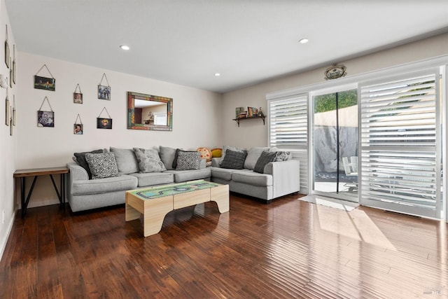 living room with dark hardwood / wood-style floors