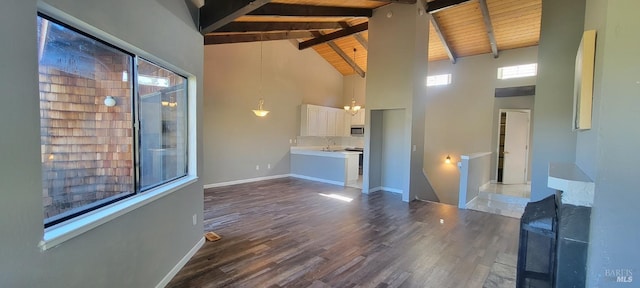 unfurnished living room featuring wood ceiling, a wealth of natural light, high vaulted ceiling, and dark hardwood / wood-style flooring