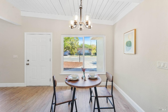 dining area with light hardwood / wood-style flooring, an inviting chandelier, wooden ceiling, and lofted ceiling with beams