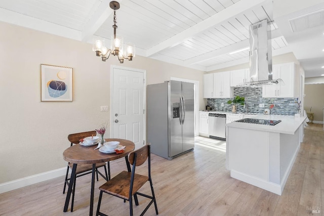 kitchen with stainless steel appliances, island exhaust hood, tasteful backsplash, white cabinetry, and beamed ceiling