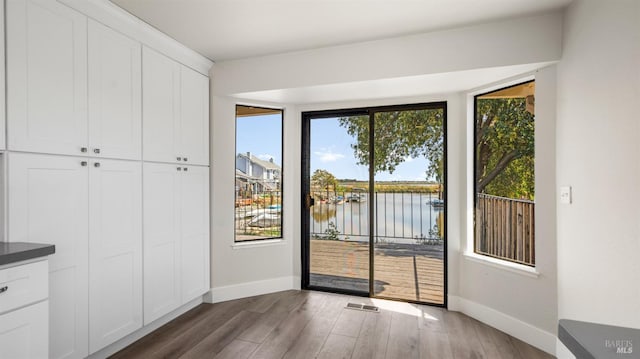 doorway to outside featuring a water view and dark hardwood / wood-style flooring