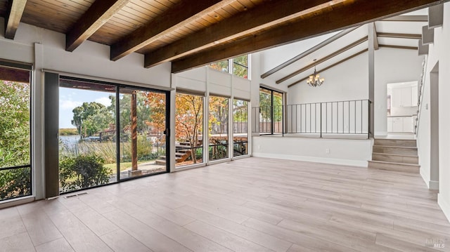 unfurnished sunroom with vaulted ceiling with beams, a water view, an inviting chandelier, and wood ceiling