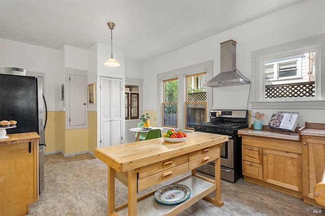 kitchen with stainless steel appliances, hanging light fixtures, and ventilation hood