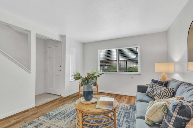 living room featuring wood finished floors and baseboards
