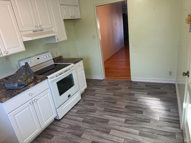 kitchen with white cabinetry, under cabinet range hood, white range with electric stovetop, dark wood-style flooring, and baseboards
