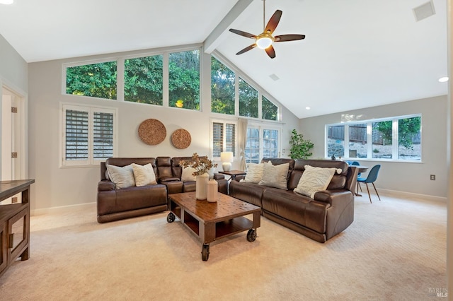 living room featuring light carpet, high vaulted ceiling, ceiling fan, and beamed ceiling