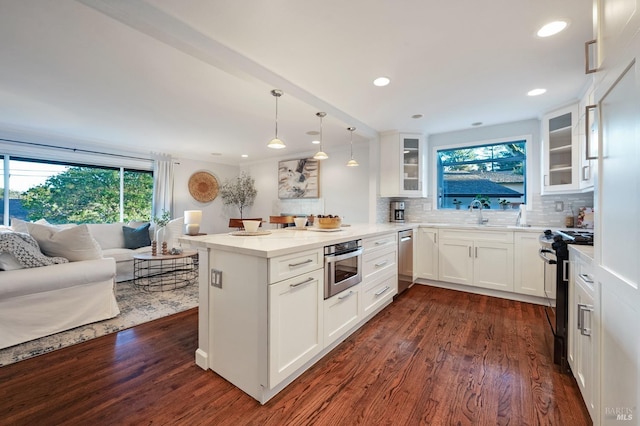 kitchen with dark wood-type flooring, plenty of natural light, white cabinetry, and stainless steel appliances