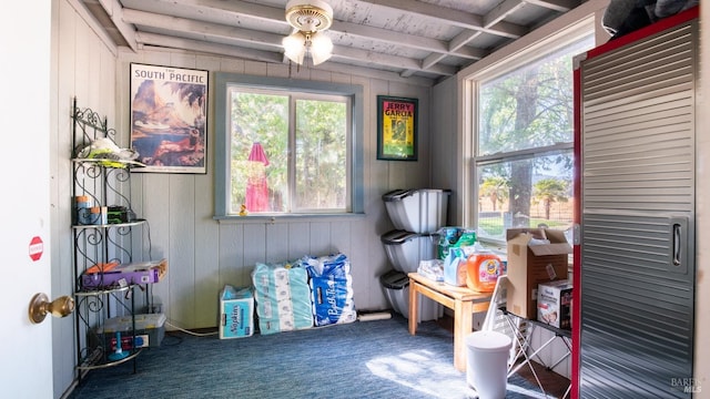 interior space featuring beam ceiling, wooden walls, a wealth of natural light, and carpet