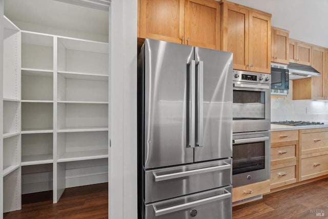 kitchen with appliances with stainless steel finishes, decorative backsplash, light brown cabinets, and dark wood-type flooring