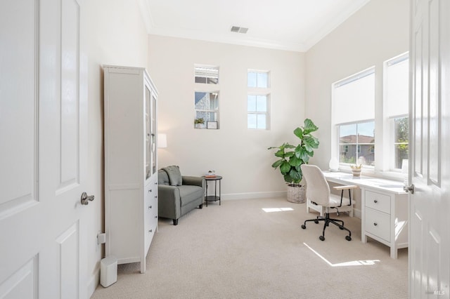 carpeted office featuring ornamental molding