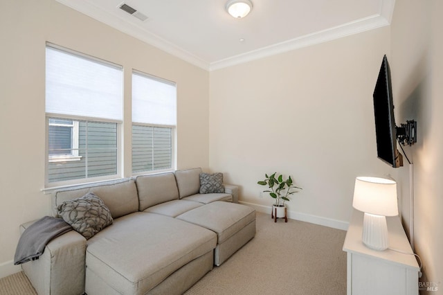 carpeted living room featuring ornamental molding