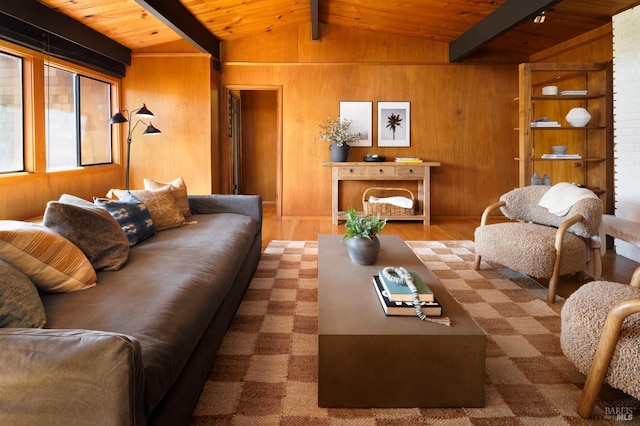 living room with wood walls, wooden ceiling, and hardwood / wood-style floors