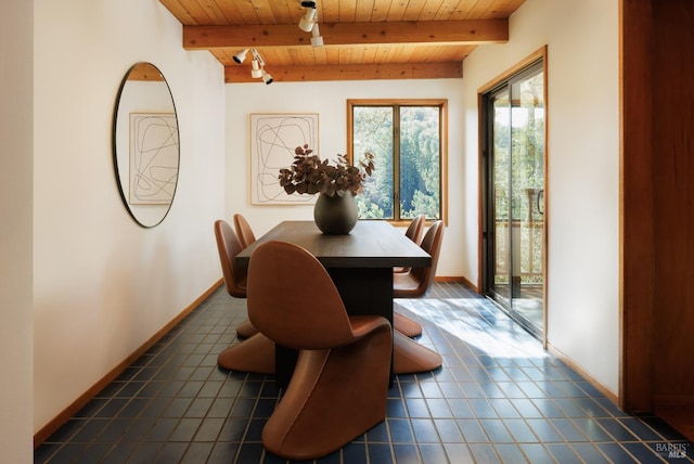 dining space with wood ceiling, beam ceiling, and dark tile patterned floors