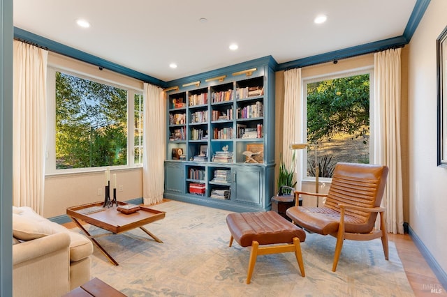 living area with a wealth of natural light, baseboards, and recessed lighting