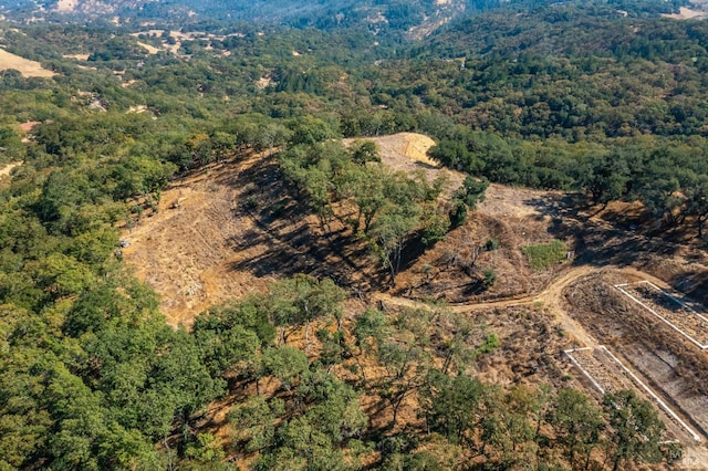 drone / aerial view featuring a wooded view