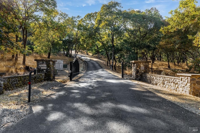 view of road with driveway, a gated entry, and a gate