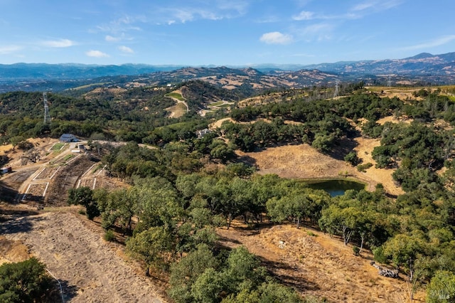 drone / aerial view featuring a forest view and a water and mountain view