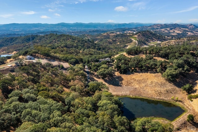 aerial view with a view of trees and a water and mountain view