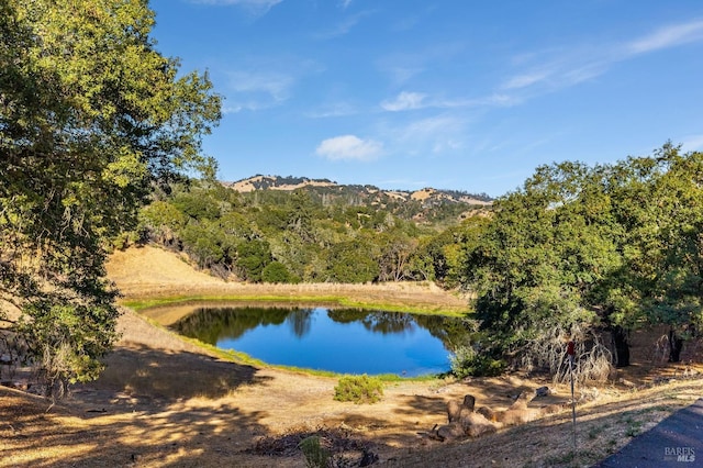 property view of water with a mountain view and a wooded view