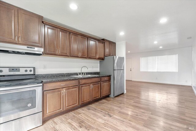 kitchen featuring light wood-type flooring, dark stone counters, sink, and stainless steel appliances