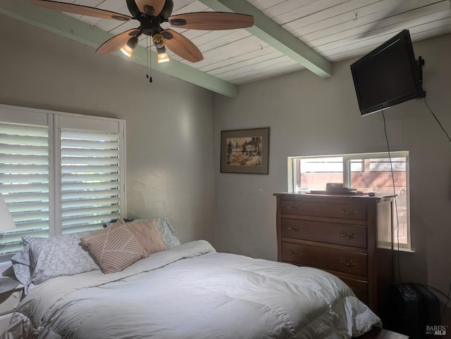 bedroom with ceiling fan and vaulted ceiling with beams