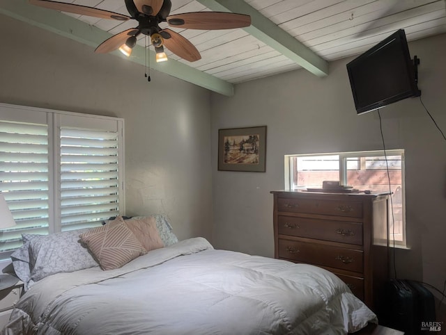 bedroom featuring wooden ceiling, a ceiling fan, and vaulted ceiling with beams