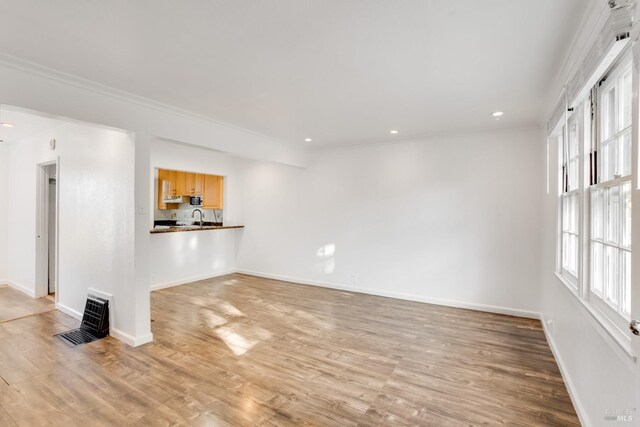 unfurnished living room featuring light hardwood / wood-style floors, sink, and crown molding