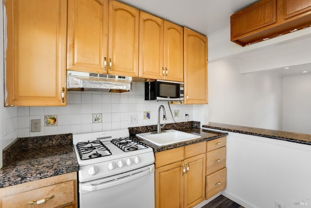 kitchen featuring tasteful backsplash, dark stone counters, dark hardwood / wood-style flooring, sink, and gas range gas stove