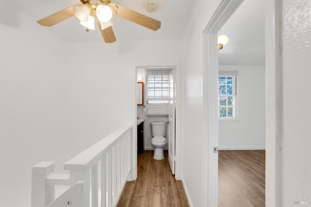 corridor featuring ornamental molding and light hardwood / wood-style floors