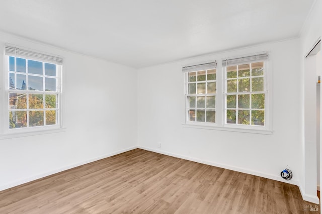 spare room with ornamental molding and light hardwood / wood-style flooring