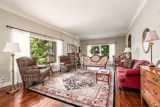 living room with ornamental molding and dark wood-type flooring