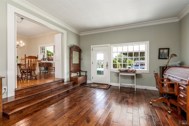 interior space with an inviting chandelier, ornamental molding, and dark hardwood / wood-style flooring