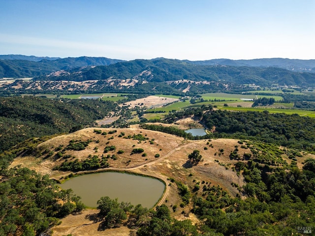 bird's eye view with a water and mountain view