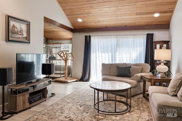 living room with light hardwood / wood-style flooring, wooden ceiling, and vaulted ceiling