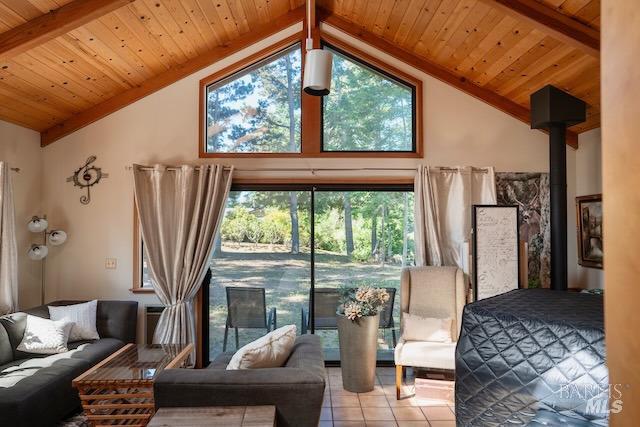 tiled living room with a wood stove, beam ceiling, high vaulted ceiling, and wooden ceiling