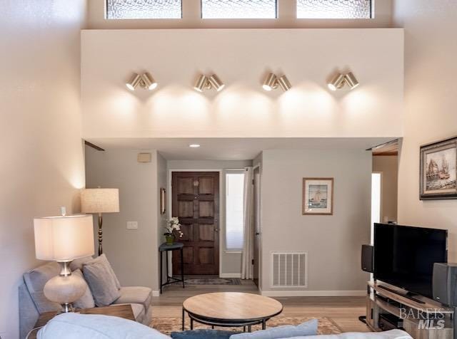 living room with a towering ceiling and light hardwood / wood-style flooring